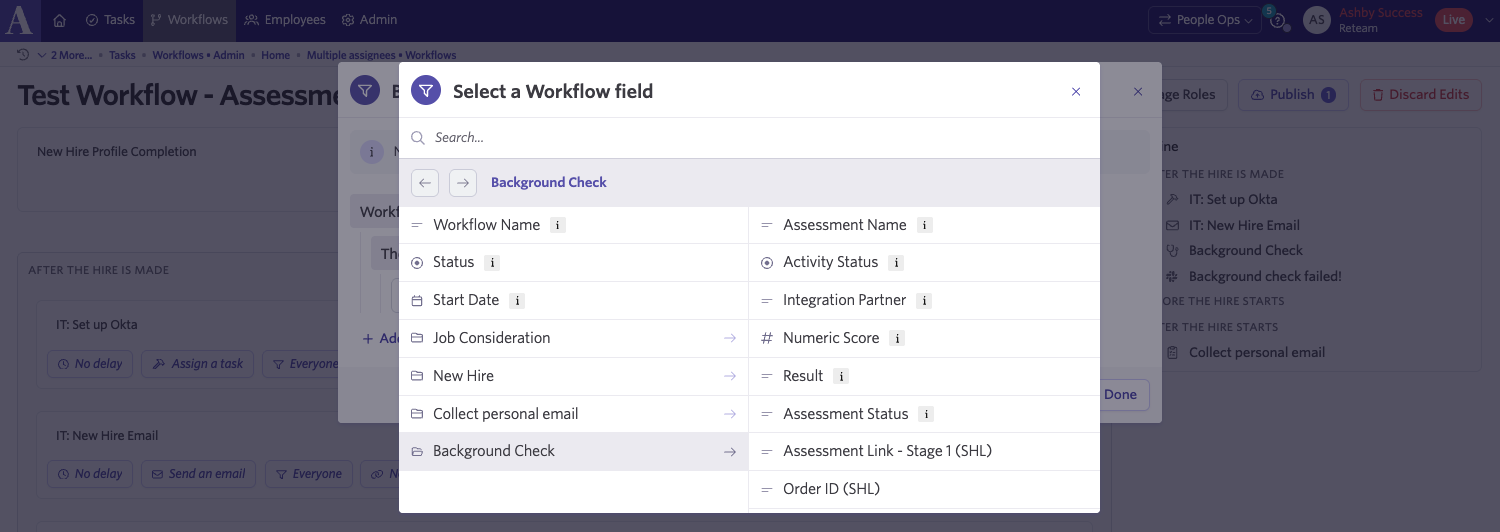 Screenshot showing the filter field with an assessment integration step selected and a result filter being configured