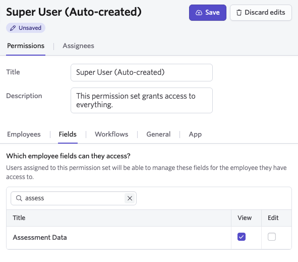 Screenshot showing a permission set configured with View Assessment Data access
