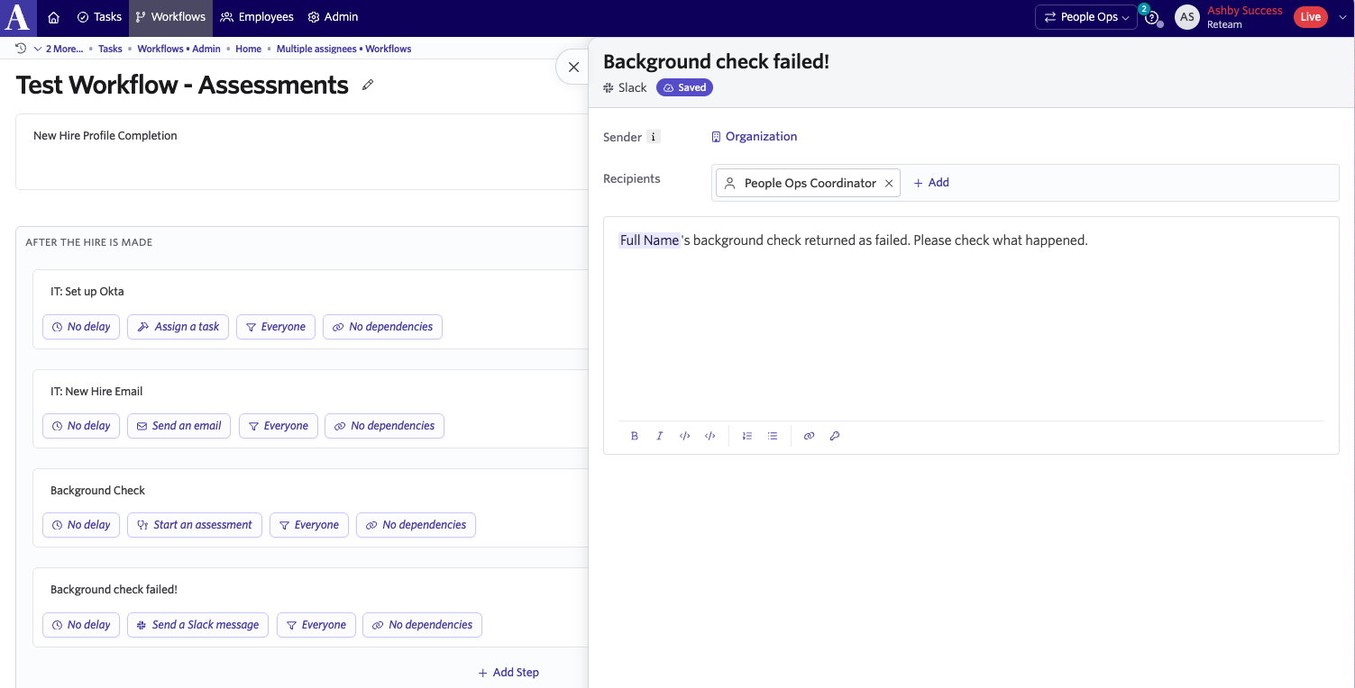 Screenshot showing a new workflow step being created and configured in the workflow editor