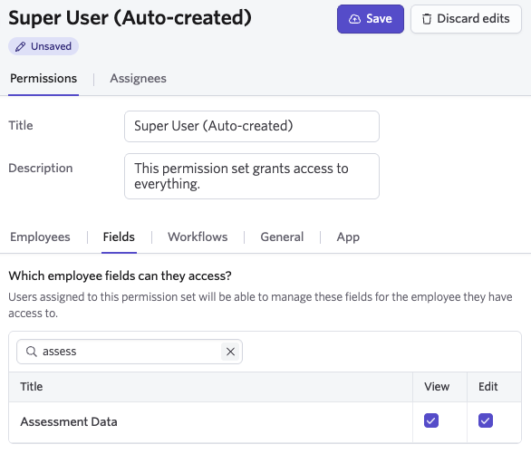 Screenshot showing a permission set configured with View and Edit Assessment Data access