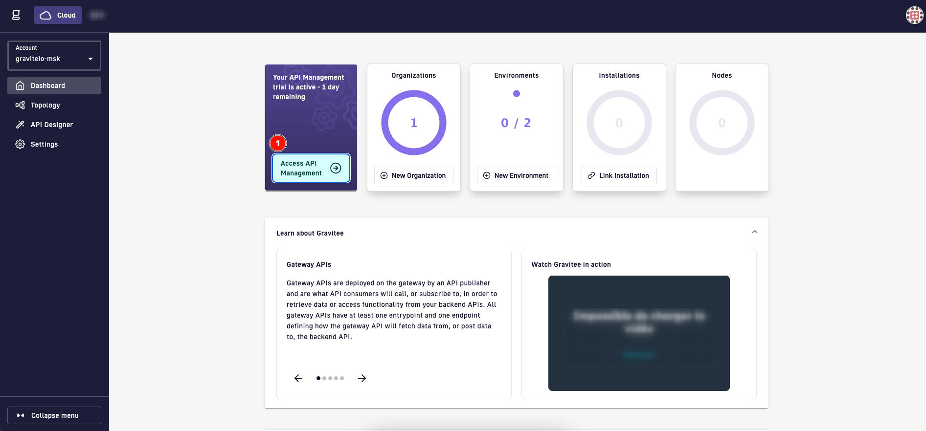 Gravitee cloud dashboard