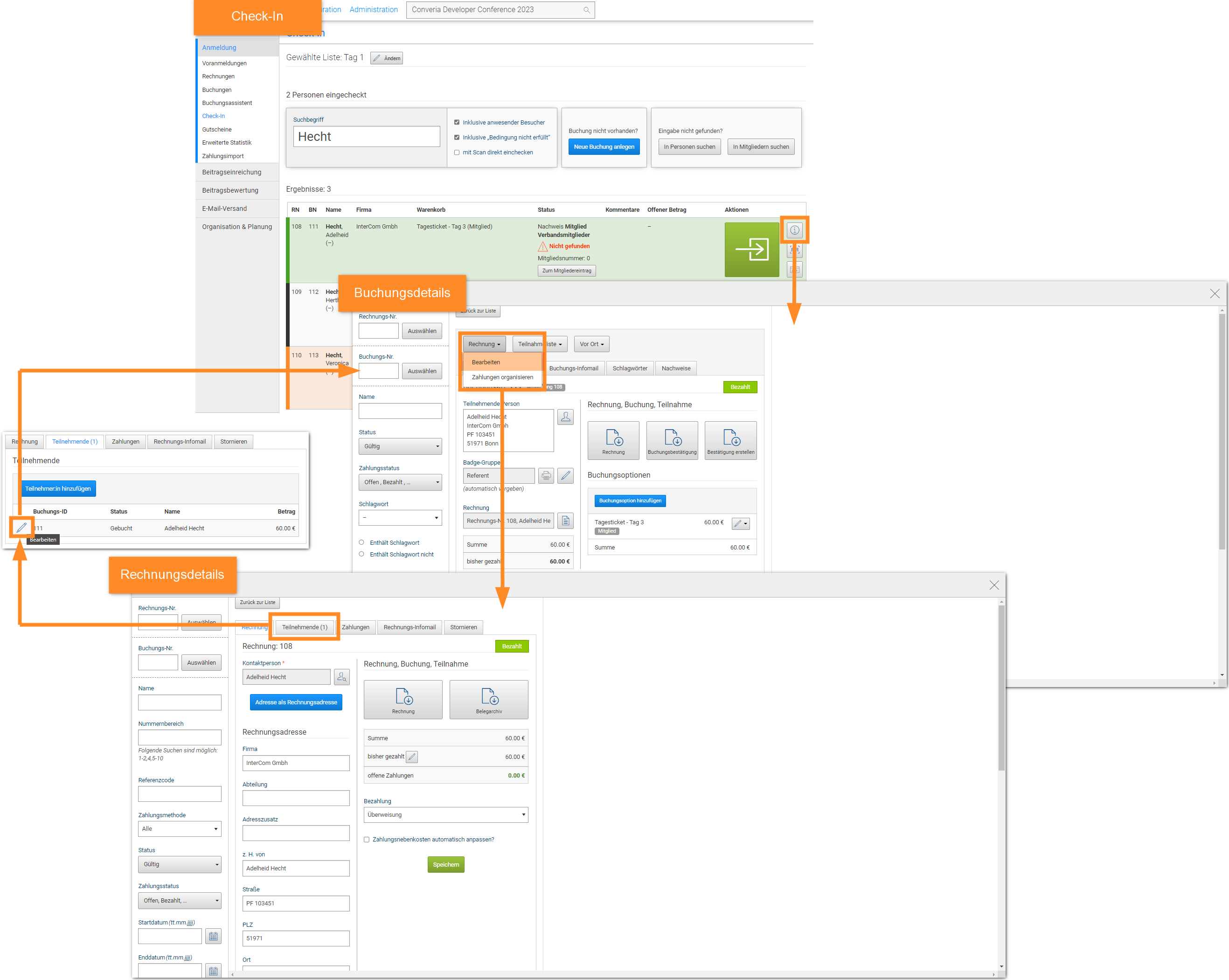 Abb. 7: Check-In <> Buchungsdetails <> Rechnungsdetails