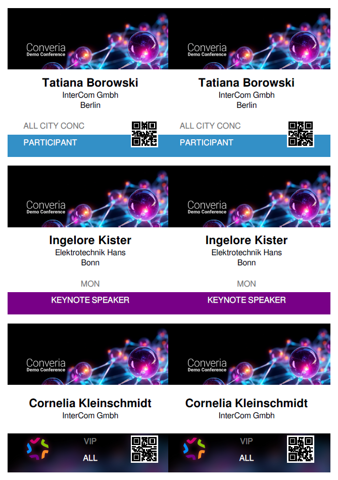 Abb. 1: Beispiel für 3 verschiedene Badge-Gruppen (Converia Standard Badge): Students, Participants, Keynote Speaker